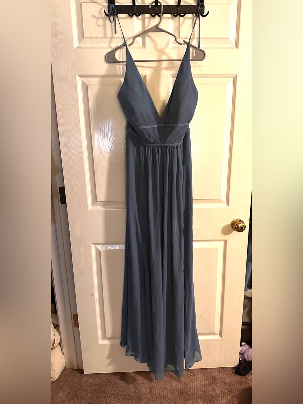 Satin-Trim Blue V-Neck Spaghetti-Strap Maxi Dress
